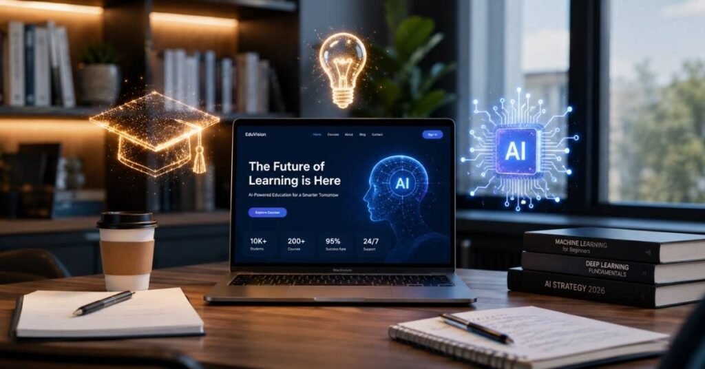 A laptop on a student desk displaying an AI education platform titled 'The Future of Learning is Here' alongside machine learning textbooks and glowing digital icons of a graduation cap, a lightbulb, and an AI chip.
