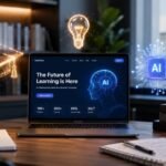 A laptop on a student desk displaying an AI education platform titled 'The Future of Learning is Here' alongside machine learning textbooks and glowing digital icons of a graduation cap, a lightbulb, and an AI chip.