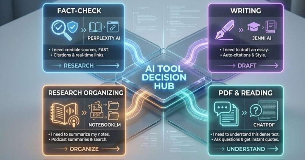 Infographic diagram titled 'AI Tool Decision Hub' mapping out the best free AI tools for students across four academic workflows: Perplexity AI for research, Jenni AI for drafting essays, NotebookLM for organizing notes, and ChatPDF for understanding dense documents.