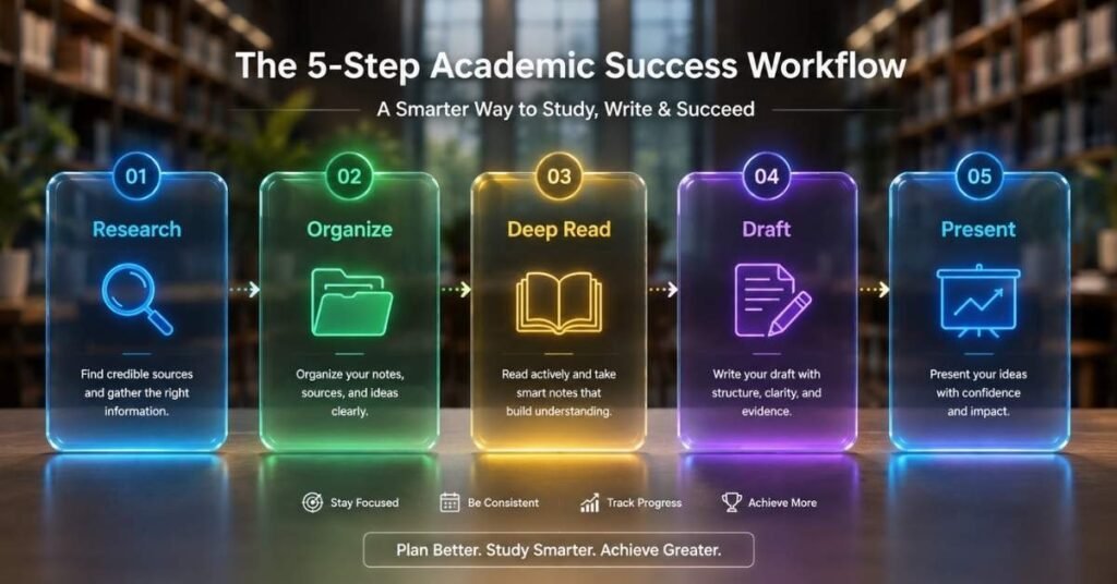 An infographic diagram titled 'The 5-Step Academic Success Workflow' mapping out the perfect study strategy using free AI tools for students through five sequential phases: Research, Organize, Deep Read, Draft, and Present.
